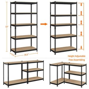 Topeakmart 2PCS 5-Tier Utility Shelves, Metal Storage Shelves Garage Shelving Unit Adjustable Garage Storage Shelves Storage Racks Heavy Duty Shed Shelving- Black, 35.5 x 17.5 x 72 Inch