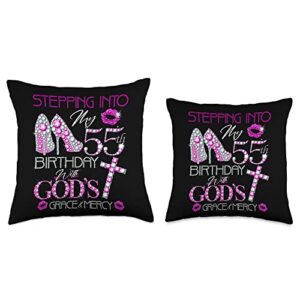 55 years old 55th Birthday Gift For Girls & Womens Stepping into My 55th Birthday with God's Grace & Mercy Throw Pillow, 16x16, Multicolor