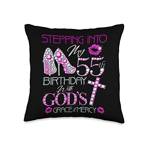 55 years old 55th Birthday Gift For Girls & Womens Stepping into My 55th Birthday with God's Grace & Mercy Throw Pillow, 16x16, Multicolor