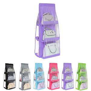 double-sided six-layer hanging storage bag, high capacity transparent collapsible non-woven hanging handbag storage hanging bag, hanging closet storage bag (purple)