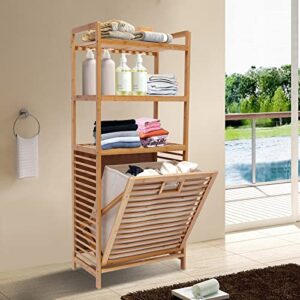 bamboo tilt out laundry hamper, 3-tier freestanding clothes basket storage laundry shelf for laundry room bathroom bedroom, 19.7"l*11.8"w*46.9"h
