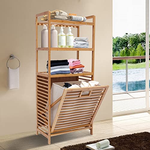 Bamboo Tilt Out Laundry Hamper, 3-Tier Freestanding Clothes Basket Storage Laundry Shelf for Laundry Room Bathroom Bedroom, 19.7"L*11.8"W*46.9"H