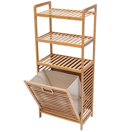 Bamboo Tilt Out Laundry Hamper, 3-Tier Freestanding Clothes Basket Storage Laundry Shelf for Laundry Room Bathroom Bedroom, 19.7"L*11.8"W*46.9"H