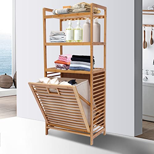 Bamboo Tilt Out Laundry Hamper, 3-Tier Freestanding Clothes Basket Storage Laundry Shelf for Laundry Room Bathroom Bedroom, 19.7"L*11.8"W*46.9"H