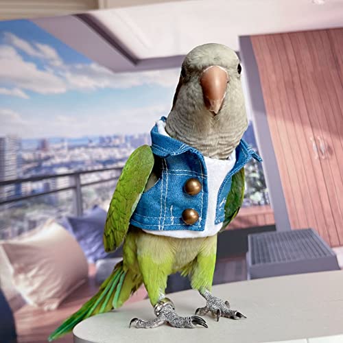 WCDJOMOP Bird Clothes - Handmade Cotton Denim Jacket Shirt with Bronze Button Flight Suit for Parrots African Greys Parakeet Cockatiel Sun Conure Parrot Cosplay Apparel Bird Supplies (L)