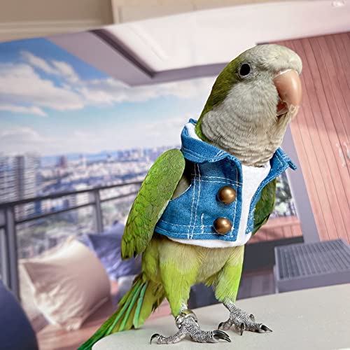 WCDJOMOP Bird Clothes - Handmade Cotton Denim Jacket Shirt with Bronze Button Flight Suit for Parrots African Greys Parakeet Cockatiel Sun Conure Parrot Cosplay Apparel Bird Supplies (L)