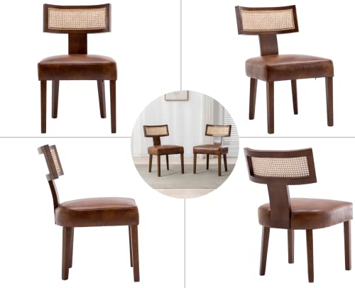 EALSON Mid Century Modern Dining Chairs Set of 2 Leather Upholstered Kitchen Chairs with Wood Legs and Curved Rattan Back Farmhouse Dining Room Chairs Rattan Accent Side Chairs, Brown