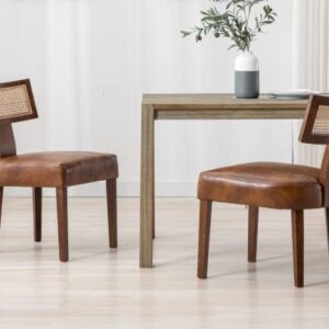 EALSON Mid Century Modern Dining Chairs Set of 2 Leather Upholstered Kitchen Chairs with Wood Legs and Curved Rattan Back Farmhouse Dining Room Chairs Rattan Accent Side Chairs, Brown