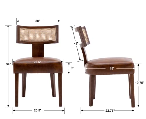 EALSON Mid Century Modern Dining Chairs Set of 2 Leather Upholstered Kitchen Chairs with Wood Legs and Curved Rattan Back Farmhouse Dining Room Chairs Rattan Accent Side Chairs, Brown
