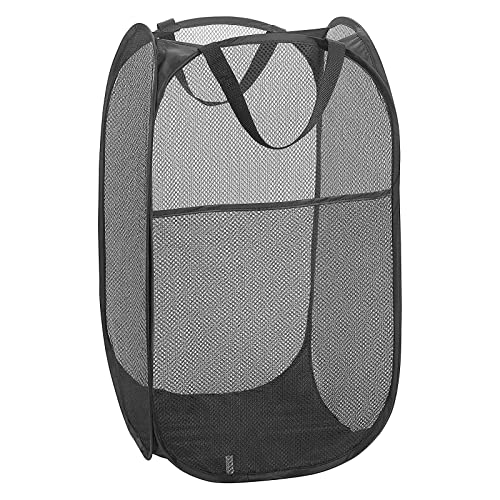 Foldable Laundry Basket, Black Pop Up Clothes Basket Storage Hamper Mesh Laundry Washing Bag for Bedroom Camping, 14"×13"×24"