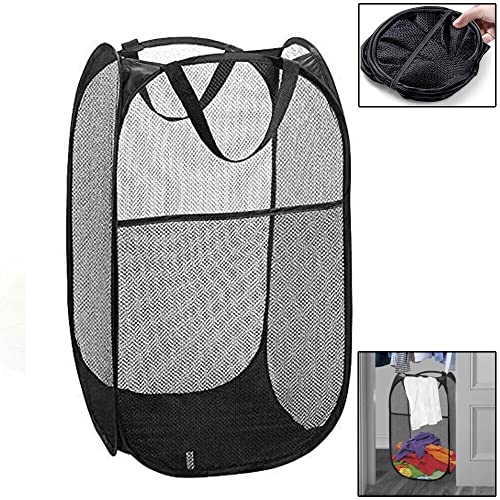 Foldable Laundry Basket, Black Pop Up Clothes Basket Storage Hamper Mesh Laundry Washing Bag for Bedroom Camping, 14"×13"×24"