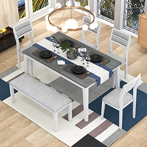 Woanke 6 Piece Dining Set, Including Wood Dinette Table and 4 Upholstered Chairs and a Bench with Cushion, Classic Traditional Style, White+Gray