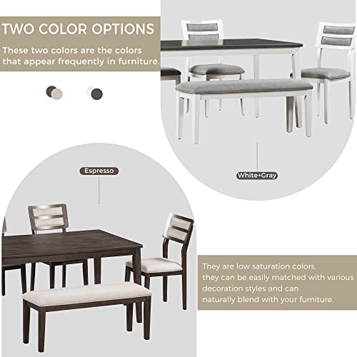 Woanke 6 Piece Dining Set, Including Wood Dinette Table and 4 Upholstered Chairs and a Bench with Cushion, Classic Traditional Style, White+Gray