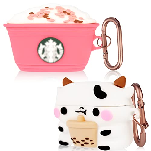 2 Pack for AirPods Pro 2nd/1st Generation Case, 3D Cute Cartoon Kawaii Funny Soft Silicone Case Cover for AirPods Pro 2 Anime Skin with Keychain for Girls Women Kids Teens (Boba Tea Cows+Coffee Cup)