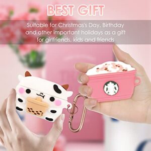 2 Pack for AirPods Pro 2nd/1st Generation Case, 3D Cute Cartoon Kawaii Funny Soft Silicone Case Cover for AirPods Pro 2 Anime Skin with Keychain for Girls Women Kids Teens (Boba Tea Cows+Coffee Cup)