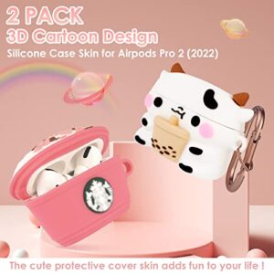 2 Pack for AirPods Pro 2nd/1st Generation Case, 3D Cute Cartoon Kawaii Funny Soft Silicone Case Cover for AirPods Pro 2 Anime Skin with Keychain for Girls Women Kids Teens (Boba Tea Cows+Coffee Cup)