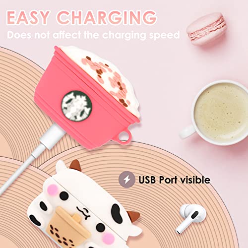 2 Pack for AirPods Pro 2nd/1st Generation Case, 3D Cute Cartoon Kawaii Funny Soft Silicone Case Cover for AirPods Pro 2 Anime Skin with Keychain for Girls Women Kids Teens (Boba Tea Cows+Coffee Cup)