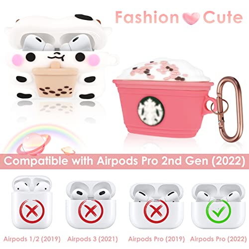 2 Pack for AirPods Pro 2nd/1st Generation Case, 3D Cute Cartoon Kawaii Funny Soft Silicone Case Cover for AirPods Pro 2 Anime Skin with Keychain for Girls Women Kids Teens (Boba Tea Cows+Coffee Cup)