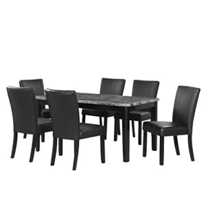 woanke 7-piece set with 1 faux marble dining rectangular upholstered-seat 6, table: 66in.lx38in.wx30in.h, chair: 20.5in.lx26.25in.wx38.5in.h, 2-black