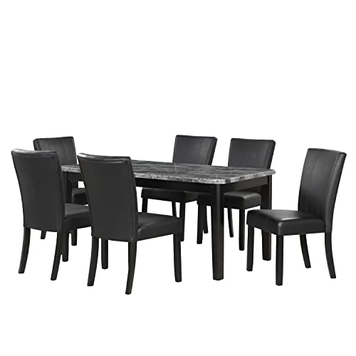 Woanke 7-Piece Set with 1 Faux Marble Dining Rectangular Upholstered-Seat 6, Table: 66in.Lx38in.Wx30in.H, Chair: 20.5in.Lx26.25in.Wx38.5in.H, 2-Black