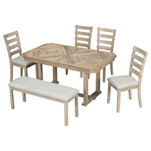 P PURLOVE 6 Piece Rubber Wood Dining Table Set with 4 Dining Chairs and 1 Bench, Dining Table Set with Beautiful Wood Grain Pattern Tabletop Solid Wood Veneer and Soft Cushion (Natural Wood Wash)
