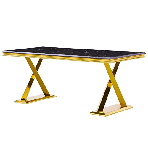 Anewsun Dining Room Table, Luxury 72 Inch Rectangular Black Texture Top with Gold X-Base Modern Dining Table for 6