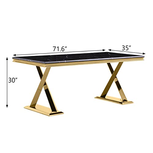 Anewsun Dining Room Table, Luxury 72 Inch Rectangular Black Texture Top with Gold X-Base Modern Dining Table for 6