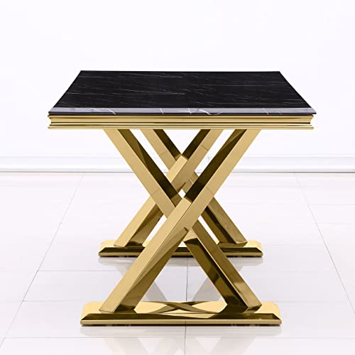 Anewsun Dining Room Table, Luxury 72 Inch Rectangular Black Texture Top with Gold X-Base Modern Dining Table for 6