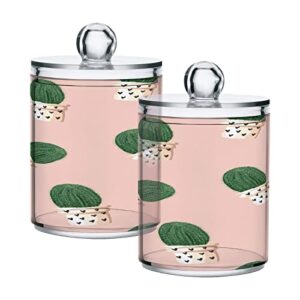 kigai pink cactus qtip dispenser apothecary jars bathroom, 2 pack of 14 oz - qtip holder storage canister clear plastic acrylic jar for cotton ball, cotton swab, cotton round pads, floss
