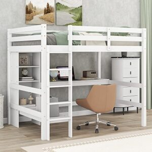 full loft bed with desk and storage shelves, wood loft beds frame with bookcase, modern high loft for kids boys girls teens, full size, white