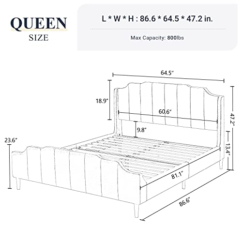 Allewie Queen Size Velvet Bed Frame Upholstered Platform Bed with Vertical Headboard and Footboard, Solid Wood Leg and Strong Slats Support, No Box Spring Needed, Easy Assembly, Black