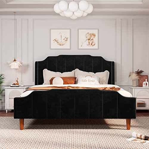 Allewie Queen Size Velvet Bed Frame Upholstered Platform Bed with Vertical Headboard and Footboard, Solid Wood Leg and Strong Slats Support, No Box Spring Needed, Easy Assembly, Black