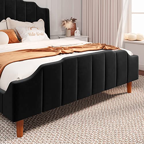Allewie Queen Size Velvet Bed Frame Upholstered Platform Bed with Vertical Headboard and Footboard, Solid Wood Leg and Strong Slats Support, No Box Spring Needed, Easy Assembly, Black