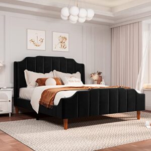 Allewie Queen Size Velvet Bed Frame Upholstered Platform Bed with Vertical Headboard and Footboard, Solid Wood Leg and Strong Slats Support, No Box Spring Needed, Easy Assembly, Black