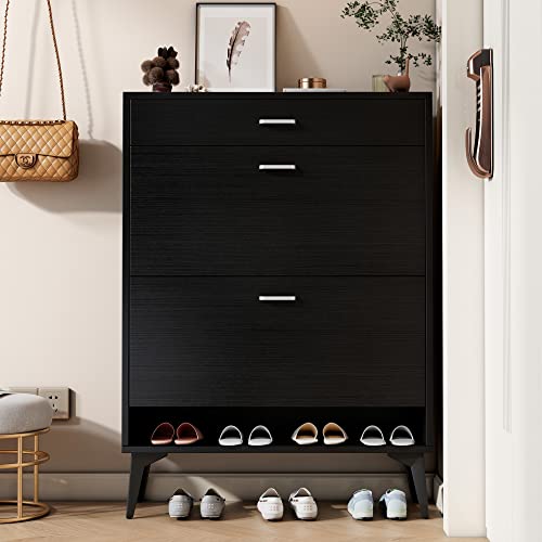 Angel Sar Shoe Cabinet with 2 Flip Drawers for Entryway, Free-Standing Shoe Storage Cabinet, Storage Organizer, Open Shelf&Large Drawer, Black