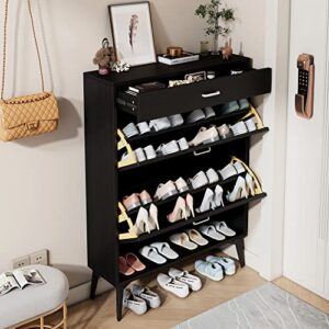 Angel Sar Shoe Cabinet with 2 Flip Drawers for Entryway, Free-Standing Shoe Storage Cabinet, Storage Organizer, Open Shelf&Large Drawer, Black