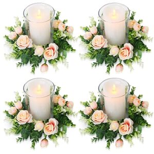 acmee 4 pcs artificial rose candle rings - floral wreaths with eucalyptus leaves greenery garland for pillar candle lantern wedding centerpiece party home table decor(champagne)