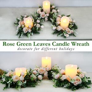 Acmee 4 Pcs Artificial Rose Candle Rings - Floral Wreaths with Eucalyptus Leaves Greenery Garland for Pillar Candle Lantern Wedding Centerpiece Party Home Table Decor(Champagne)