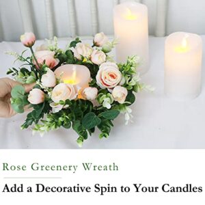 Acmee 4 Pcs Artificial Rose Candle Rings - Floral Wreaths with Eucalyptus Leaves Greenery Garland for Pillar Candle Lantern Wedding Centerpiece Party Home Table Decor(Champagne)