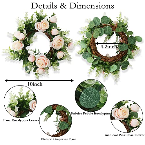 Acmee 4 Pcs Artificial Rose Candle Rings - Floral Wreaths with Eucalyptus Leaves Greenery Garland for Pillar Candle Lantern Wedding Centerpiece Party Home Table Decor(Champagne)