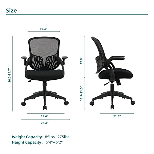 Home Office Chair, Ergonomic Desk Chair Adjustable Height Mesh Mid Back Computer Chair with Flip Up Armrests and Lumbar Support Swivel Task Chair
