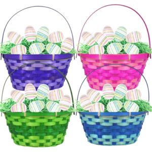 gs woven bright bamboo easter baskets (2pcs.) & easter grass (2 packs) with printed fillable easter eggs, assorted round colorful hinged handles perfect for picnic party decorations storage gifts