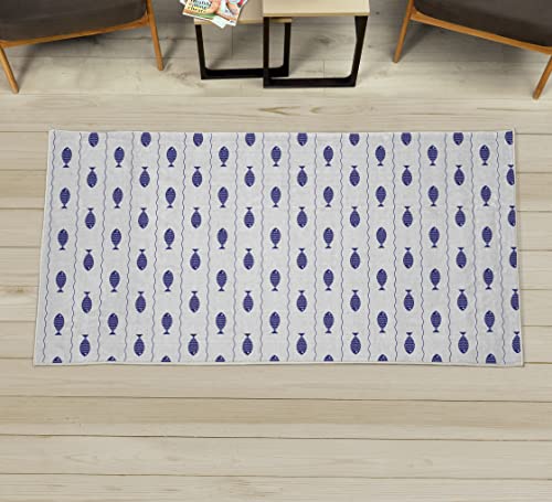 Lunarable Nautical Decorative Rug, Fishes Swimming in The Wavy Lines Sea Shower Marine Modern Graphic Art, Quality Carpet for Bedroom Dorm and Living Room, 2' 2" X 3' 7", Navy Blue