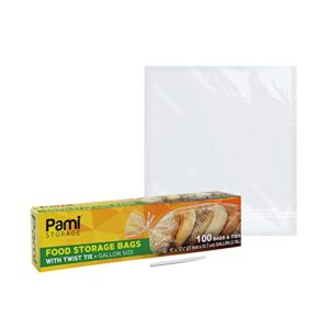 pami food storage gallon size bags with twist ties [100 pieces] - disposable plastic food bags- food-safe bags for food storage- versatile bags for kitchen. home, office, commercial uses- 11x12.5”