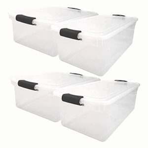 homz multipurpose 64 quart clear storage container tote bins with secure latching lids for home or office organization (4 pack)
