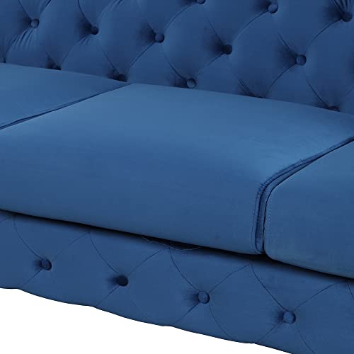 Harper & Bright Designs Three-Seater Sofa, 85.5'' W Blue Velvet Upholstered Sofa Couch with Button Tufted Back and Metal Legs, Modern 3 Seater Sofa Couch for Living Room, Office