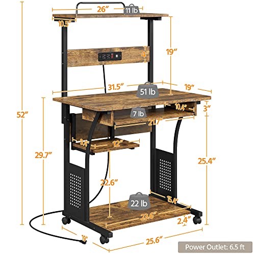 Yaheetech 3 Tiers Rolling Computer Desk on Wheels with Charging Station and Keyboard Tray, Mobile Home Office Desk PC Laptop Workstation with Power Outlet and USB Ports for Home Studying, Rustic Brown