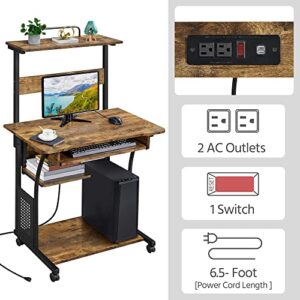 Yaheetech 3 Tiers Rolling Computer Desk on Wheels with Charging Station and Keyboard Tray, Mobile Home Office Desk PC Laptop Workstation with Power Outlet and USB Ports for Home Studying, Rustic Brown