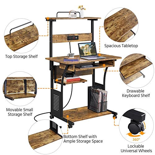 Yaheetech 3 Tiers Rolling Computer Desk on Wheels with Charging Station and Keyboard Tray, Mobile Home Office Desk PC Laptop Workstation with Power Outlet and USB Ports for Home Studying, Rustic Brown