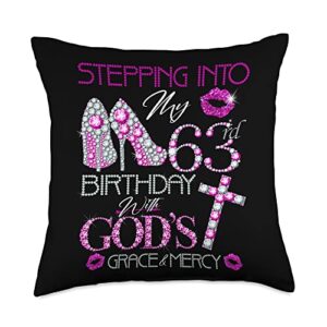 63 years old 63rd birthday gift for girls & womens stepping into my 63rd birthday with god's grace & mercy throw pillow, 18x18, multicolor